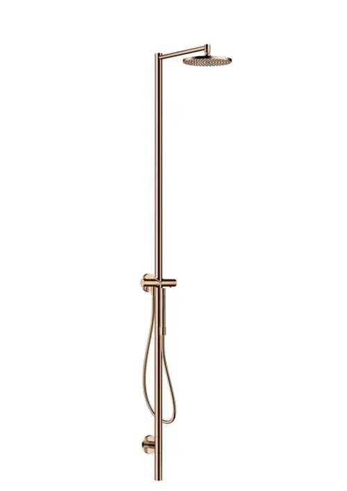 Duschsäule von AXOR mit Thermostat und Kopfbrause in Polished Red Gold, ausgestattet mit Handbrause und flexibler Schlauchverbindung.